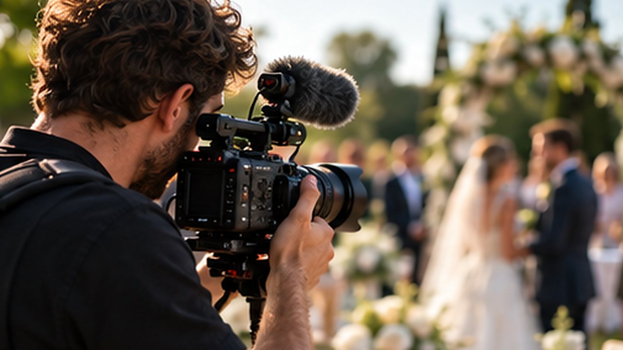 Un vidéaste filme une cérémonie de mariage en plein air