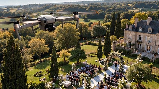 Un drone survole un château où se déroule une cérémonie de mariage