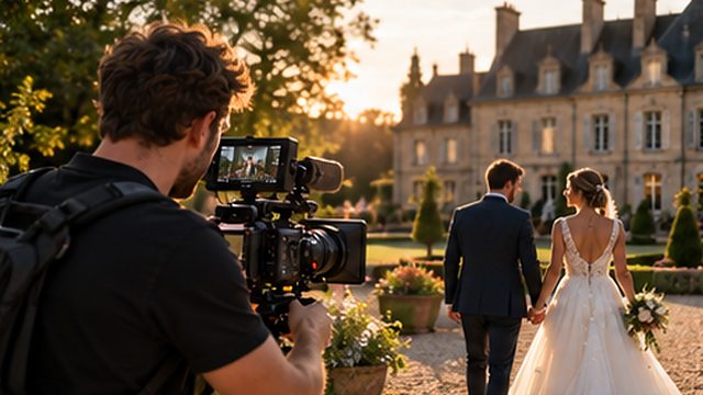 Un vidéaste filme les mariés qui marchent main dans la main devant un château