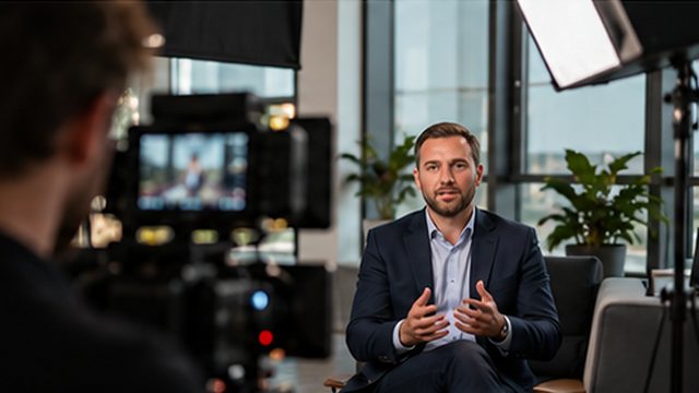 Tournage d’une interview en entreprise, caméra au premier plan