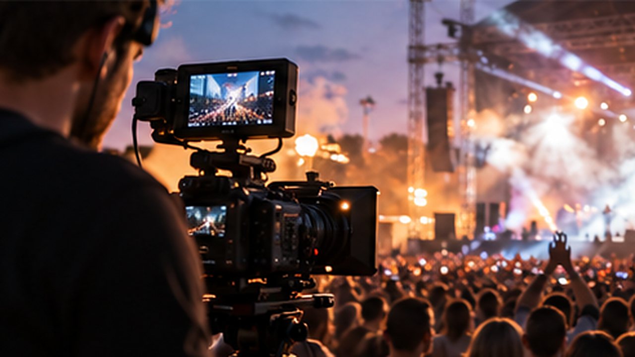 Un caméraman filme la scène d’un festival au coucher du soleil
